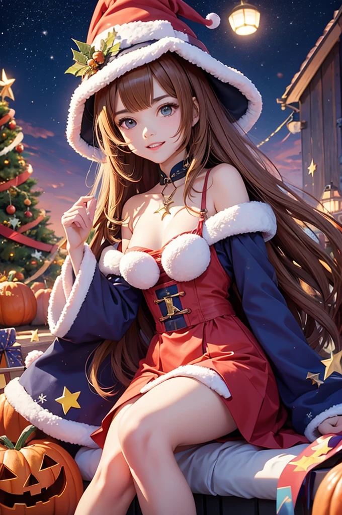 The anime-style event image beautifully blends Christmas and Halloween elements.。In the center of the image is the、The Christmas tree is standing、Colourful Halloween decorations。Around the tree、There are lots of cute anime characters、They are happily exchanging gifts。under the tree、There are lots of candies and sweets、It depicts children being happy.。In the background、The blue sky and white clouds are spreading、It adds to the excitement of the event.。The overall atmosphere is bright and glamorous.、You can enjoy both Christmas and Halloween.。