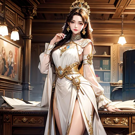 work of art, great, (desk: 1.8), cg drawing with super high details, standing, 1 royal sister, jumpy, a woman with short, tanned...