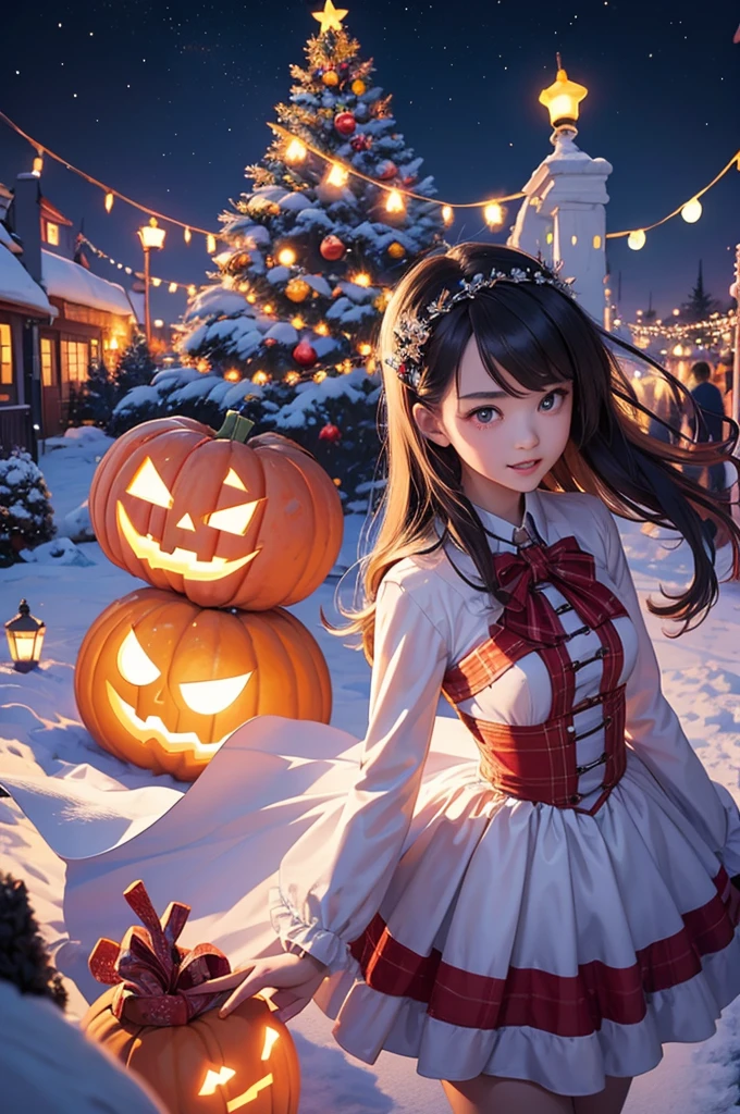 The anime-style event image beautifully blends Christmas and Halloween elements.。In the center of the image is the、The Christmas tree is standing、Colourful Halloween decorations。、They are happily exchanging gifts。under the tree、There are lots of candies and sweets、It depicts children being happy.。In the background、The blue sky and white clouds are spreading、It adds to the excitement of the event.。The overall atmosphere is bright and glamorous.、You can enjoy both Christmas and Halloween.。
