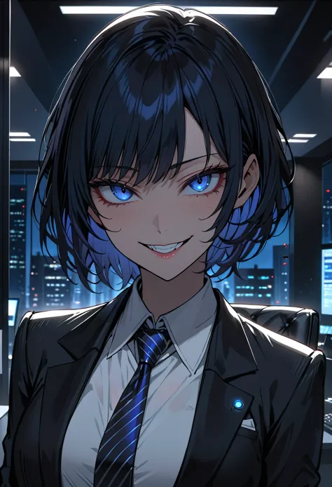 female, solo, close up, black business suit, short hair, black hair, dark blue eyes, night, luxurious government office, indoors...