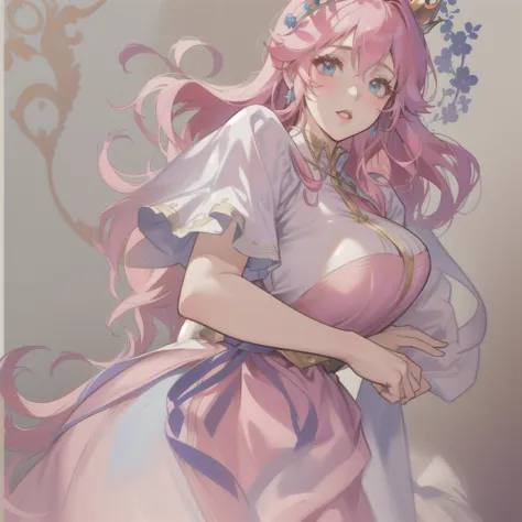 anime - style illustration of a woman with pink hair and a crown, portrait of princess peach, real life big mom, danbooru and ar...