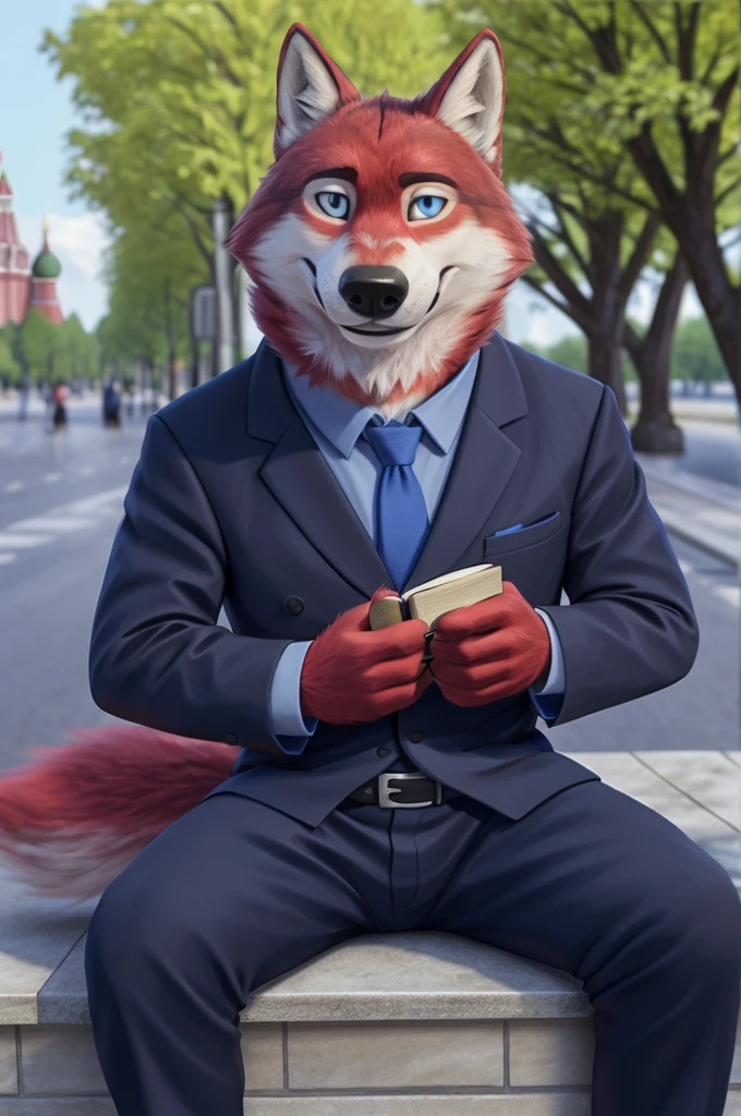 Ivan Wolfbach (Moscow),high,Beautiful,slim,24 years,wolf, red fur,high Beautiful wolf, 24 years,(red body:1.3),beautiful blue eyes,Moscow россия, shirt tie, trousers,canine, wolf, detailed fur, male, antro, paw pads, finger claws, at viewer, 5 fingers, paws, 5 fingers,day,digital photography, soft focus,good mood,photorealism, realistic, photorealistic,digital style,sitting close to home, writes a book, Poet, Very close to the camera, digital photography, smile positive, good,mood,,close to the camera, дома квартире writes a book, 
masterpiece, Best quality, ultra realistic, 8 k)