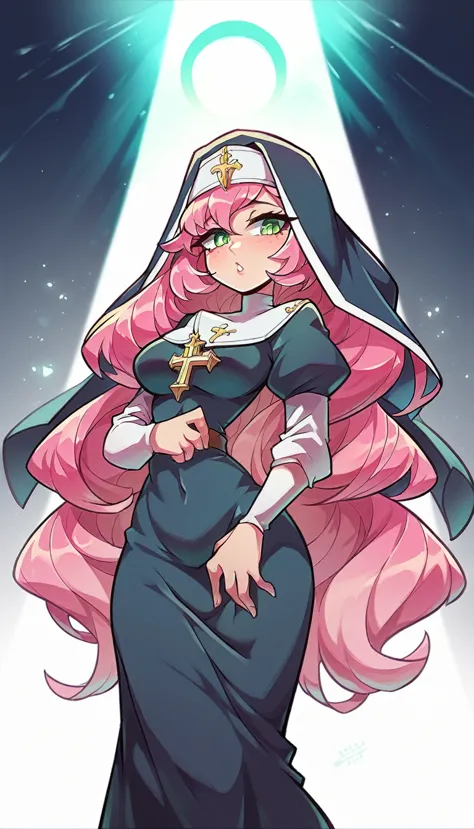 a girl cyber nun beautiful intelligent long pink hair wavy her green eye wearing virtual lens blue helmet micro dresses nun long...