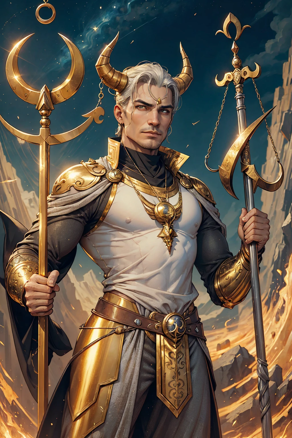 ((best quality)), ((artwork)), (detailded), man who represents the sign of Capricorn, Balance and justice, in one hand holding the sign symbol and demonstrating, Strength and courage, wearing a silver and gold outfit 