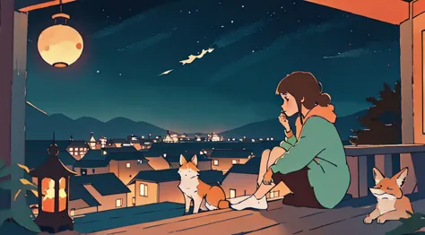 a girl sitting on a porch with a fox, with a view of the night sky