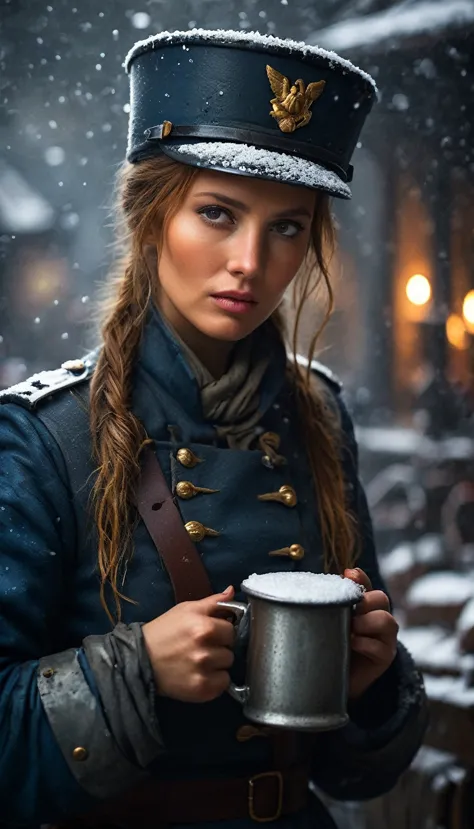 show napoleon's female soldier drinking coffee from an old tin cup in front of her post while looking at the camera.
depict the ...