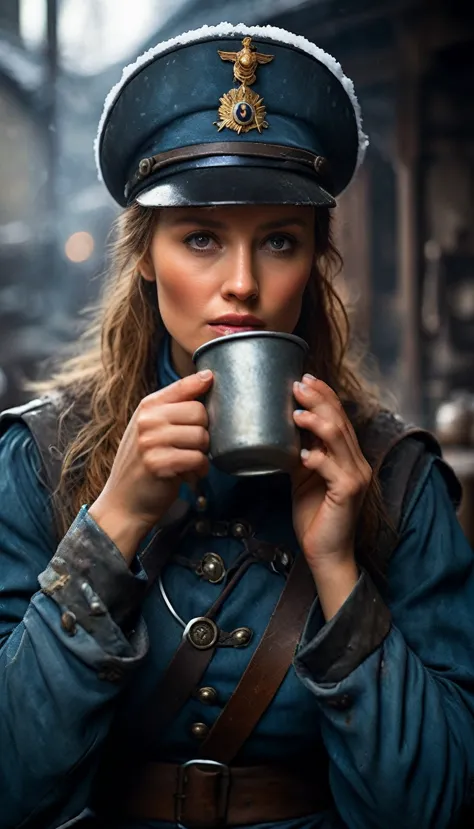 show napoleon's female soldier drinking coffee from an old tin cup in front of her post while looking at the camera.
depict the ...