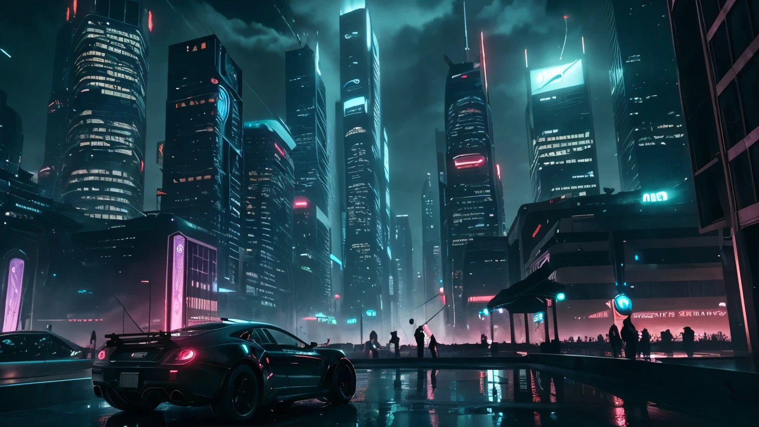 A cinematic opening image of a futuristic metropolis, showcasing towering skyscrapers and sleek flying vehicles. The cityscape is a stunning blend of advanced technology and vivid colors. In contrast, the lower levels of the city appear dilapidated and decadent. The photo has a dramatic perspective, emphasizing the stark differences between the wealthy and less fortunate. The overall atmosphere is dynamic and thought-provoking, with a touch of dystopian influence., photo, typography, cinematic