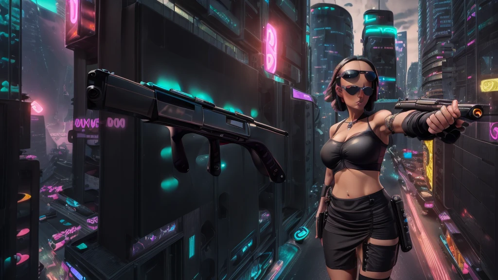 (((aerial view))) of futuristic city, hologram neon buildings, (((futuristic flying cars))) and futuristic cars, Surreal cyberpunk city, in a Future cyberpunk city, 3d rendering Beeple, at night. large-breast photorealistic slim sexy woman, (((breast cleavage))), perfect face, tank top, (((((((miniskirt, black sunglasses, pistol shooting pose))))))), standing, leaning forward, (((((half-body thigh level medium shot))))).