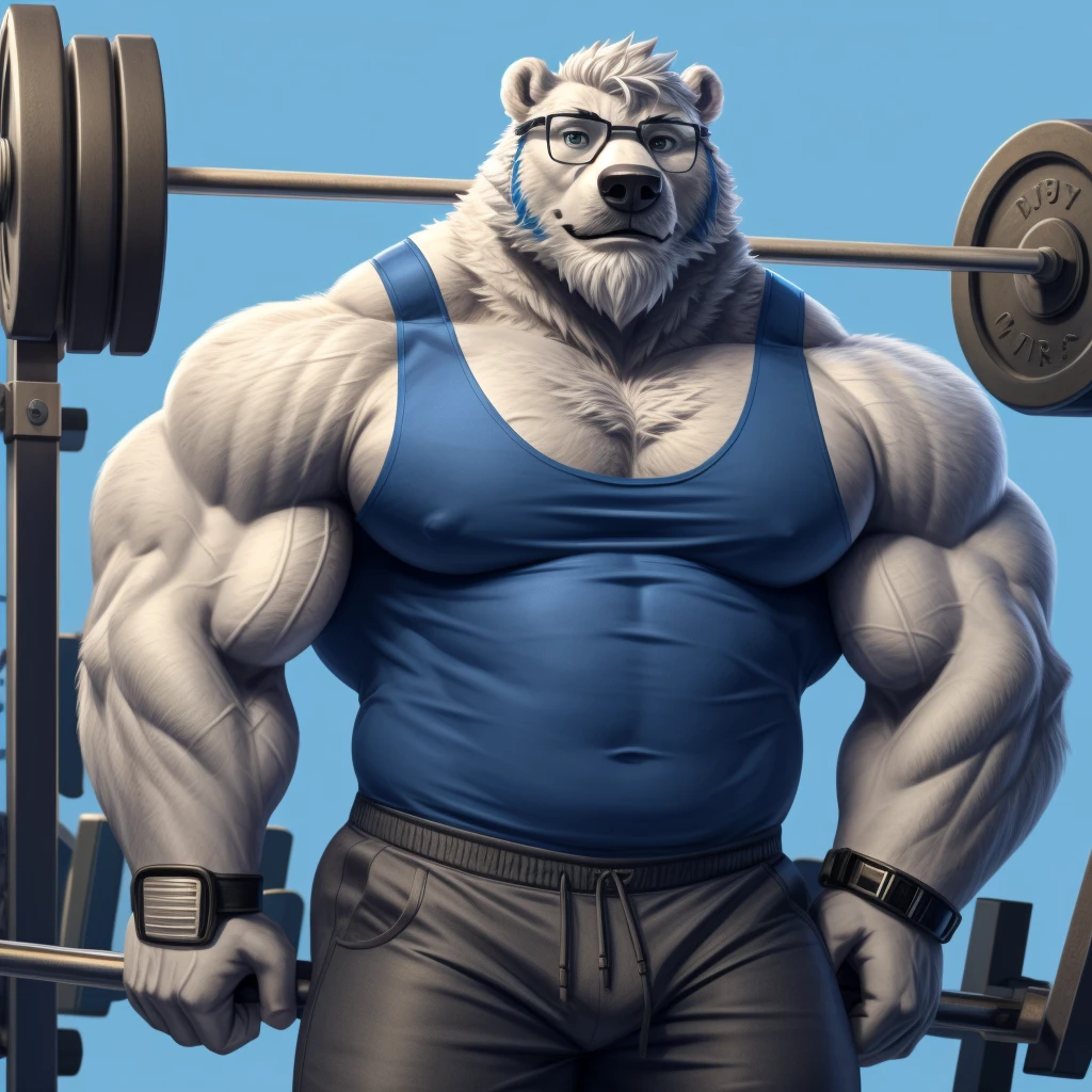 solo, 1 chico, Enorme y musculoso oso polar blanco con gafas, huge piel blanca, pectoral, pectoral enorme, wide pectoral, pelo corto y blanco, pantalones cortos de color azul, Muñequeras de color azul y camiseta sin mangas de color azul., barbudo blanco, bigote blanco, piel blanca, fondo sencillo, Obra maestra, alto detallado, 8k, alta resolución, en el gimnasio, curl de bíceps con barra pesada