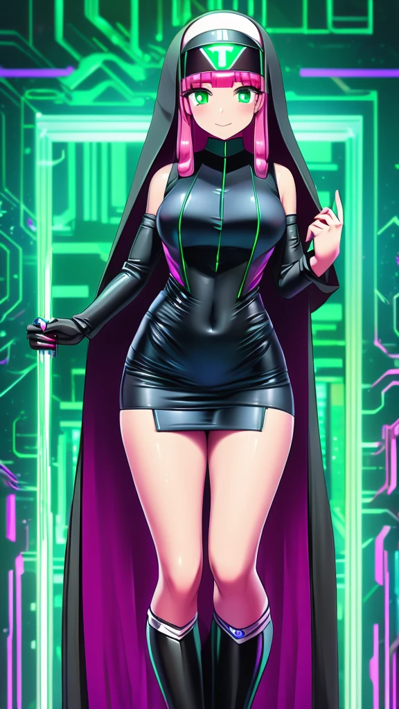 a girl cyber nun beautiful intelligent long pink hair wavy her green eye wearing virtual lens blue helmet micro dresses nun long dress and a long black skirt she shows digital hand