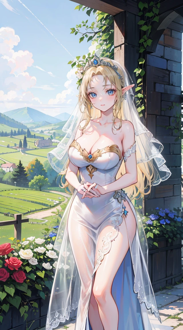 beautiful woman，Folk Girl，blonde with blue eyes，Twist，Wear a strapless wedding dress with no straps.，countryside，countryside，beautiful scenery，European Middle Ages，smile with teeth，forehead，forehead exposed，big ，rift, (Elf Princess),(2 young women ,beautiful woman)