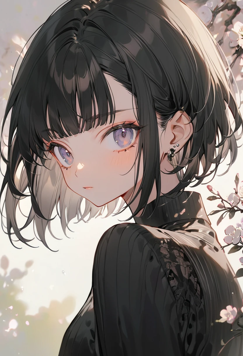 Boyish beautiful girl，Black very short hair,Black hair bangs, Wearing a black silk shirt，