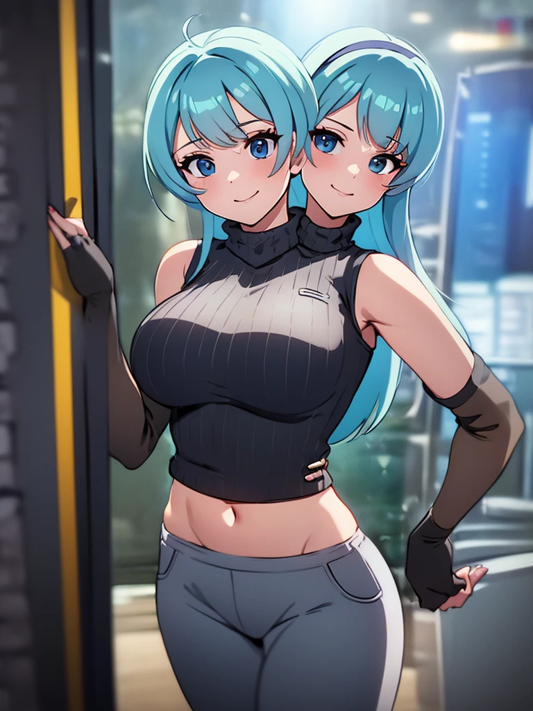 best quality, (masterpiece),(ultra-detailed), (high quality), (high resolution), ((2heads:1.5)), best quality:1.5, highres, UHD, 16K), smiling, highres, masterpiece, ((light blue hair)), gamer girl, long hair, hair band, black eyes, ((cinematic particles)), ((grey hot pants)), arcade room, (black gloves), cowboy shot, ((sleeveless jacket over a white crop top)), exposed midriff, fingerless gloves