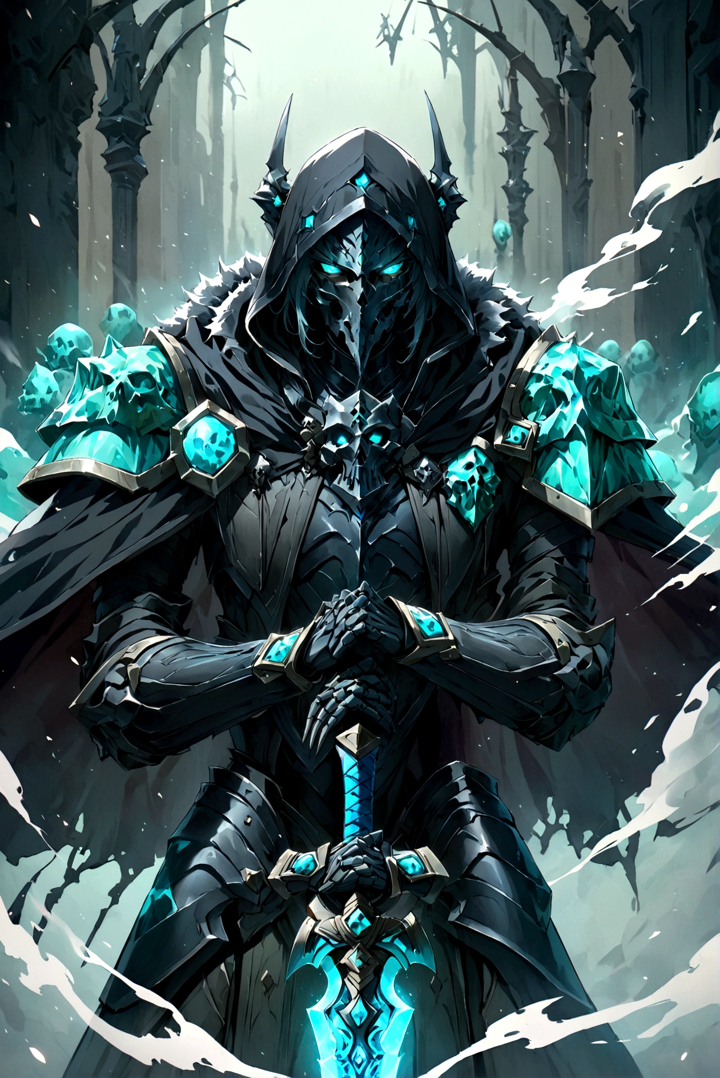 score_9, score_8_up, score_7_up, a skeleton knight walking through aqua smoke, glowing aqua eyes, smoke coming from its mouth, upper body, looking at the viewer, black cloak, black armor, aqua ornaments, glowing ornaments, aqua cape, black hood, glowing sword, aqua sword, holding the sword,dark,