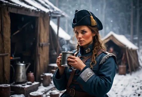 show napoleon's female soldier drinking coffee from an old tin cup in front of her camp while looking at the camera.
depict the ...