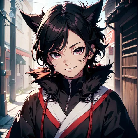 (best quality,ultra detailed,realist:1.37),high resolution(4k,8k),portrait,demon slayer character,black fur,short hair,black eye...