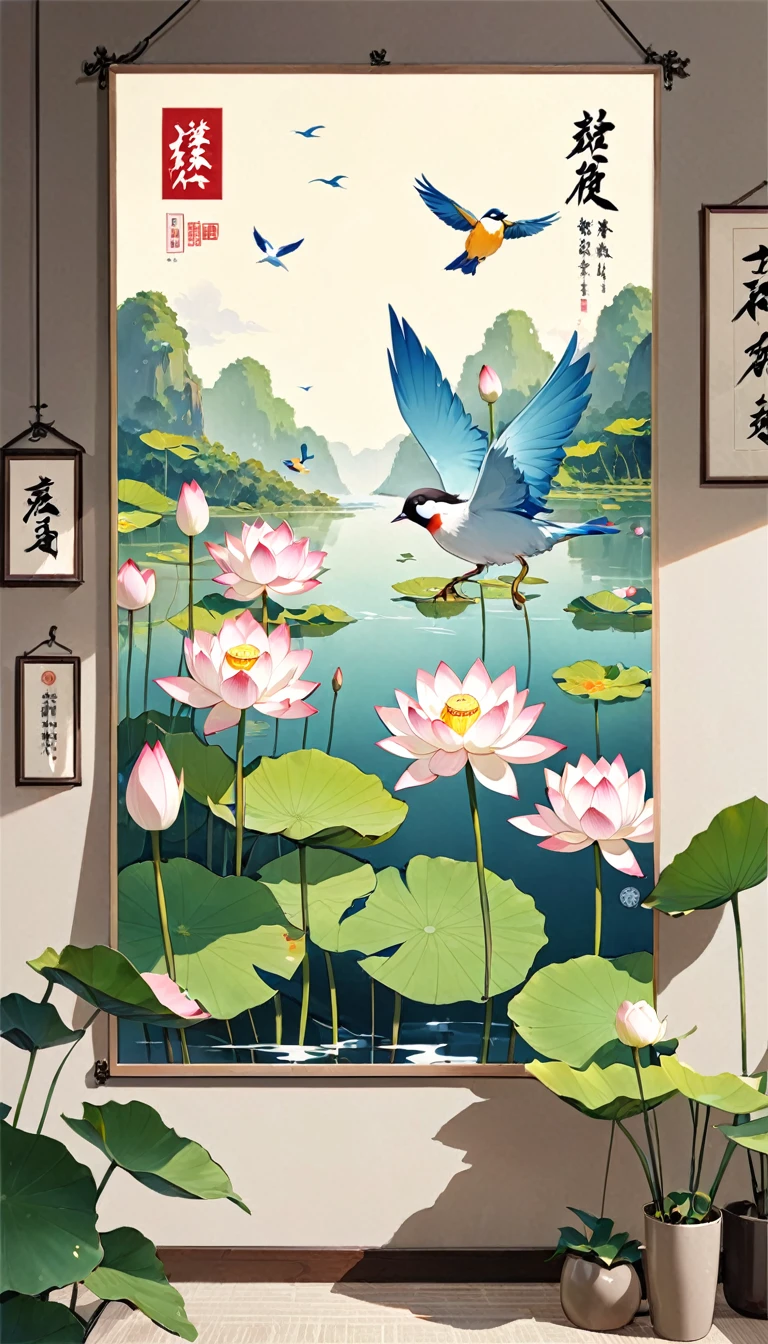 there is a poster with a picture of a lotus flower and a bird, by Miao Fu, by Jin Nong, heise jinyao,