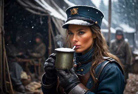 show napoleon's female soldier drinking coffee from an old tin cup in front of her camp while looking at the camera.
depict the ...