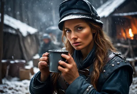 show napoleon's female soldier drinking coffee from an old tin cup in front of her camp while looking at the camera.
depict the ...