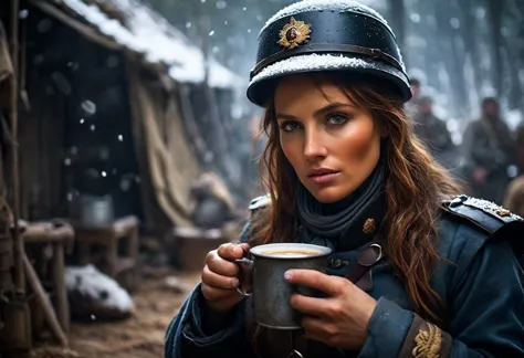 show napoleon's female soldier drinking coffee from an old tin cup in front of her camp while looking at the camera.
depict the ...