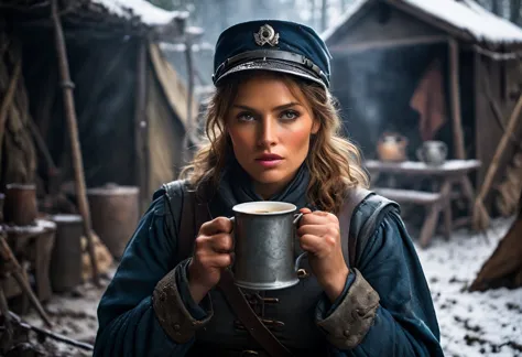 show napoleon's female soldier drinking coffee from an old tin cup in front of her camp while looking at the camera.
depict the ...