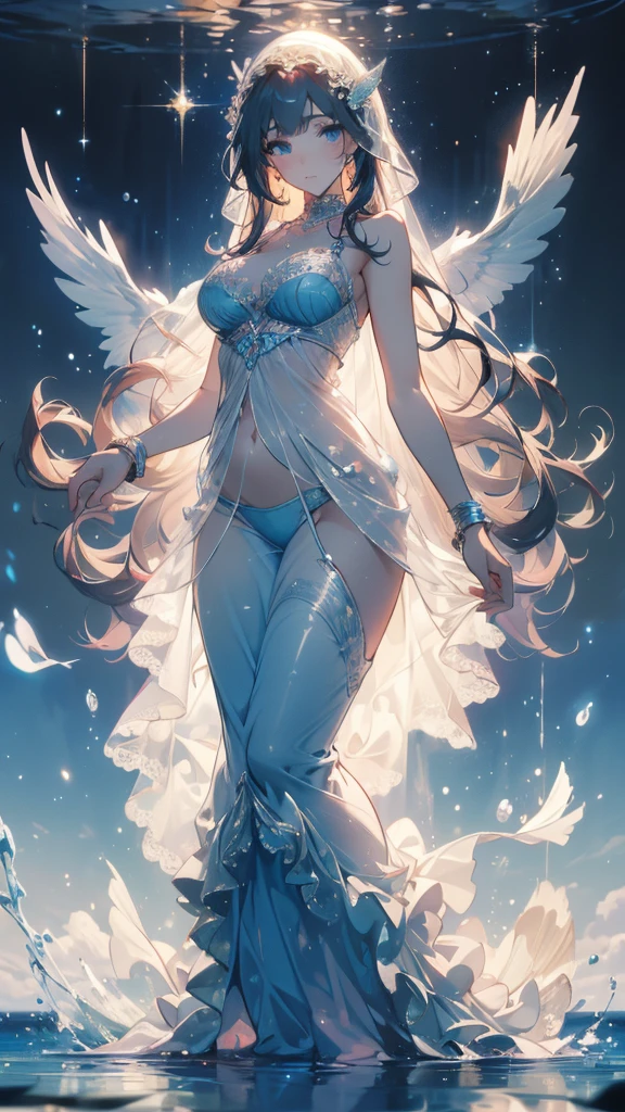 ((masterpiece, best quality)), Delicate face，Mermaid，whole body，Standing picture，Large Breasts，Gradient long wavy hair，Perfect body proportions，beautiful eyes，Extremely beautiful，transparent， Pure white background，egret，Water Ripples，pearl，veil，Sexy Lingerie，Lace