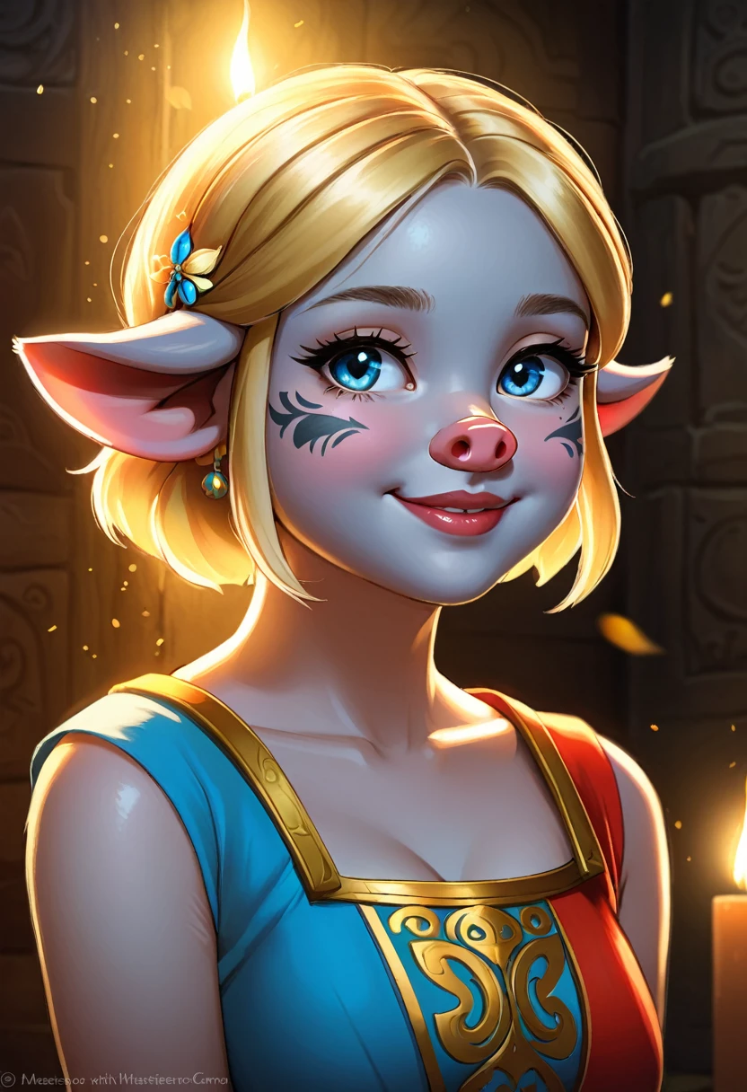 Create an illustrated, hand-drawn, full-color image of an  humanoid, hybrid, anthropomorphic, pig girl. The artwork should be rendered in the style of "Breath of the Wild," featuring warm lighting and shadows. Include graphite shading, stencil marks, and airbrushed acrylic paint effects. The image should be of the highest quality, a masterpiece with intricate details.

The pig girl should have a female, humanoid, furry appearance with grey skin. She should have luscious lips, a wide smile, and bright, expressive eyes, exuding beauty, cuteness, and adorableness. Ensure the image is high resolution and sharply detailed, with a detailed and vibrant background. Scarlett Johanson, Alison Brie, Dove Cameron

Incorporate mystical lighting in the background, creating a romantic and enchanting atmosphere.

