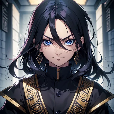 (best quality,ultra detailed,realist:1.37),high resolution(4k,8k),portrait,demon slayer character,black hair with blue,semi long...