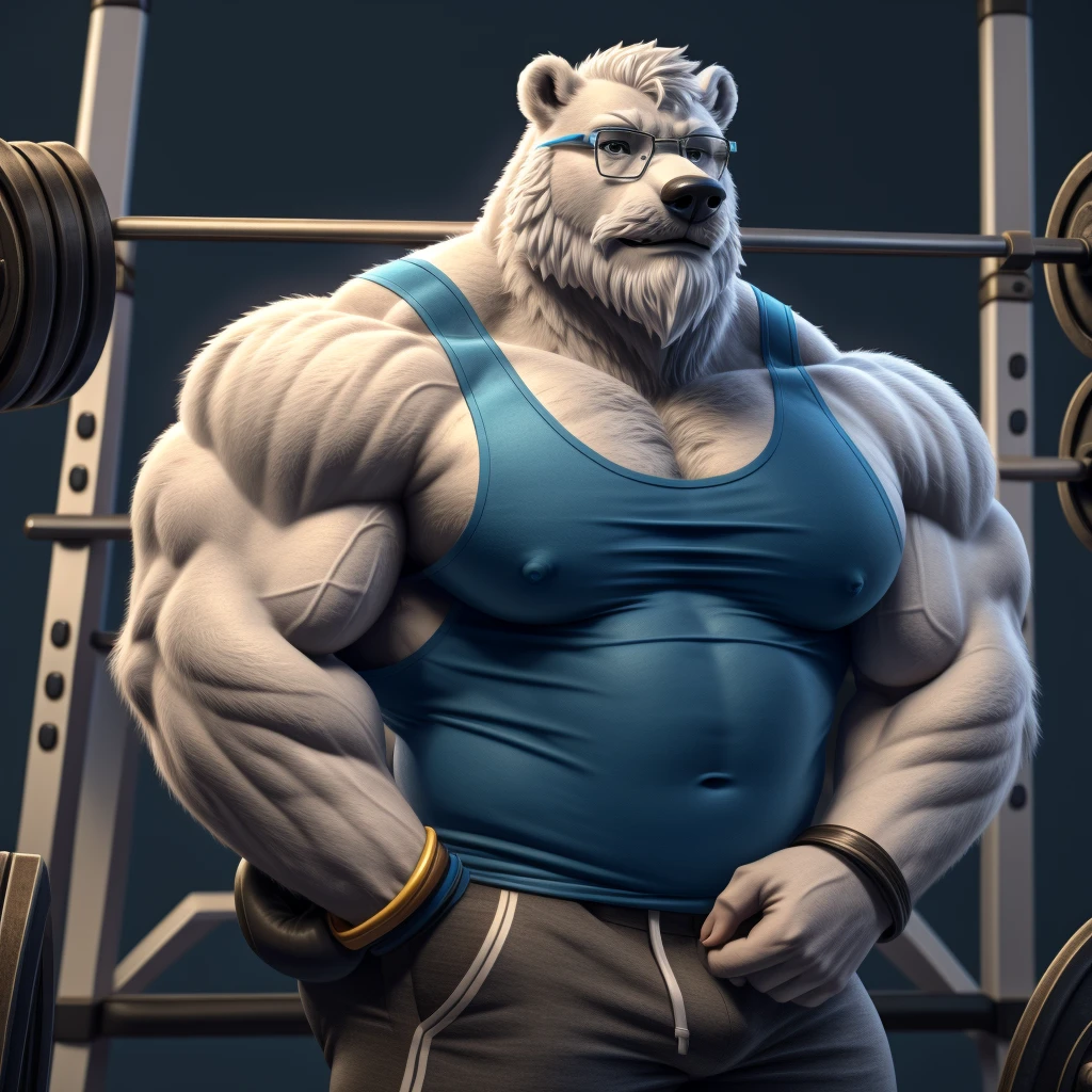 solo, 1boy, Huge Muscular old White Polar Bear wearing glasses, huge white fur, pectoral, huge pectoral, wide pectoral, short white hair, blue colored short pants, blue colored wristbands and blue colored tank top, white bearded, white Mustache, white fur, simple background, masterpiece, high detailed, 8k, high resolution, at the gym, bicep curls heavyweights barbell