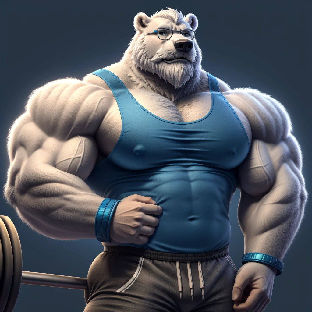 solo, 1 chico, Enorme y musculoso oso polar blanco con gafas, huge piel blanca, pectoral, pectoral enorme, wide pectoral, pelo corto y blanco, pantalones cortos de color azul, Muñequeras de color azul y camiseta sin mangas de color azul., barbudo blanco, bigote blanco, piel blanca, fondo sencillo, obra maestra, alto detallado, 8K, Alta resolución, en el gimnasio, curl de bíceps con barra de pesas pesadas