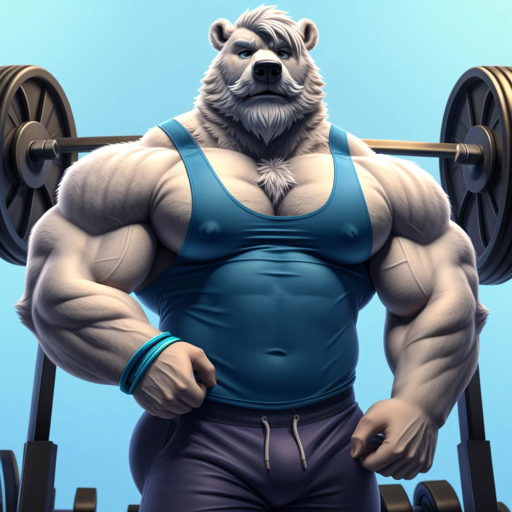 solo, 1boy, Huge Muscular old White Polar Bear wearing glasses, huge white fur, pectoral, huge pectoral, wide pectoral, short white hair, blue colored short pants, blue colored wristbands and blue colored tank top, white bearded, white Mustache, white fur, simple background, masterpiece, high detailed, 8k, high resolution, at the gym, bicep curls heavyweights barbell