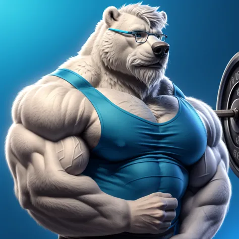 solo, 1boy, Huge Muscular old White Polar Bear wearing glasses, huge white fur, pectoral, huge pectoral, wide pectoral, short wh...