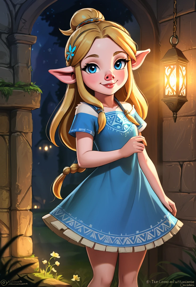 Create an illustrated, hand-drawn, full-color image of an  humanoid, hybrid, anthropomorphic, pig girl. The artwork should be rendered in the style of "Breath of the Wild," featuring warm lighting and shadows. Include graphite shading, stencil marks, and airbrushed acrylic paint effects. The image should be of the highest quality, a masterpiece with intricate details.

The pig girl should have a female, humanoid, appearance. She should have luscious lips, a wide smile, and bright, expressive eyes, exuding beauty, cuteness, and adorableness. Ensure the image is high resolution and sharply detailed, with a detailed and vibrant background. Scarlett Johanson, Alison Brie, Dove Cameron

Incorporate mystical lighting in the background, creating a romantic and enchanting atmosphere.
