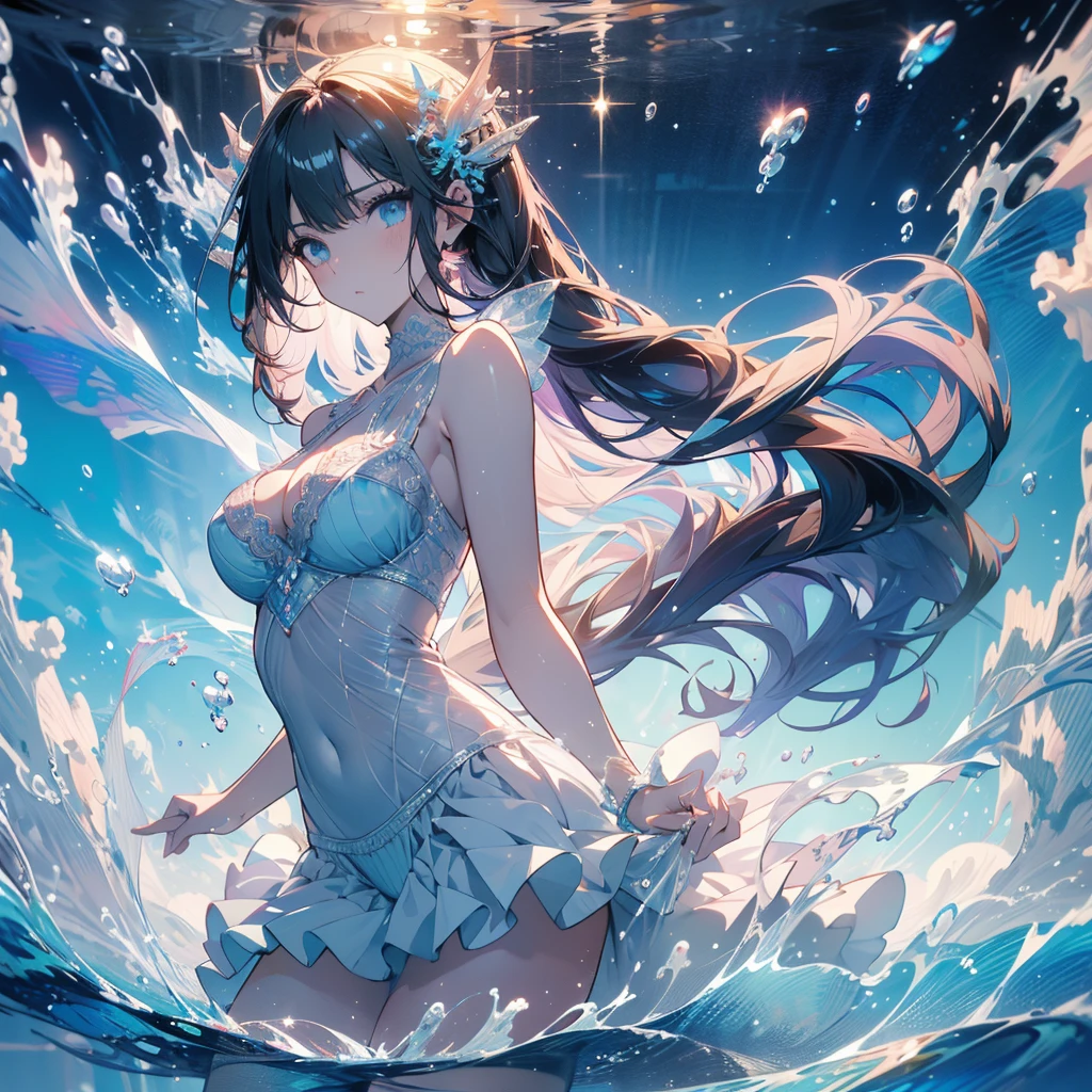 ((masterpiece, best quality)), Delicate face， Mermaid under the sea，whole body，Standing picture，Large Breasts，Gradient long wavy hair，Perfect body proportions，beautiful eyes，Extremely beautiful，transparent，Pure white background，Water Ripples，Sexy Lingerie，Lace