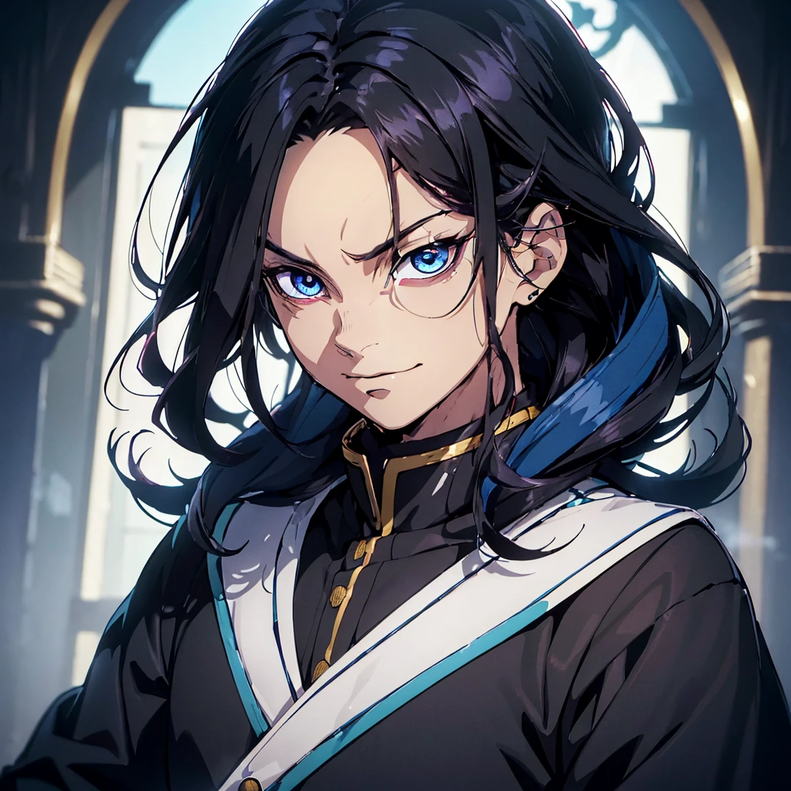 (Best Quality,ultra detailed,realist:1.37),high resolution(4k,8k),portrait,Demon Slayer character,black hair with blue,semi long hair,dark blue eyes with golden irises,,warm smile,YOUNG,sarcastic,24 years ,Kimetsu no Yaiba&#39;s distinctive style, firm installation, vibrant colors, detailed facial features, powerful aura, determined expression, katana in hand, fierce eyes, dusk scene, dramatic lighting, flowing layer, a dark yukata with gold decorations, intricate patterns, dark blue background,male gender,pale skin.