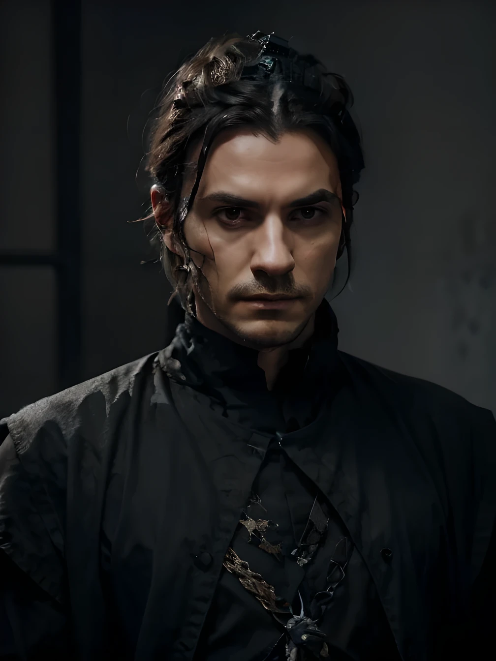 An image of a man, dark doctor hair, a gray crown on the head, clear eyes, and a serious expression, dressed in black imperial clothes. 