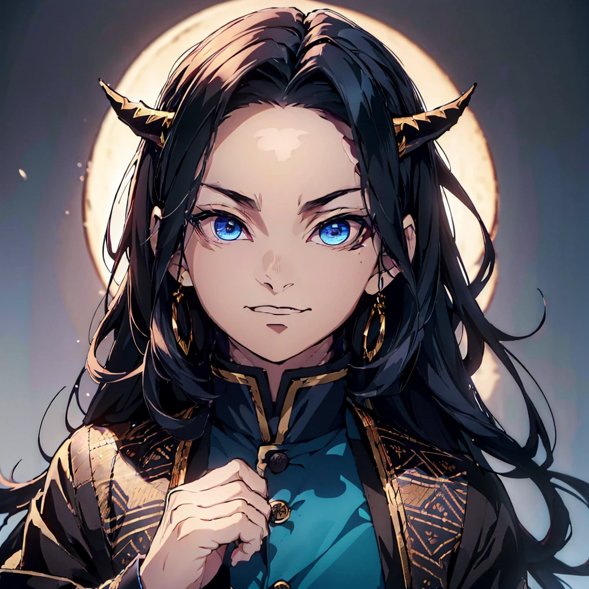 (Best Quality,ultra detailed,realist:1.37),high resolution(4k,8k),portrait,Demon Slayer character,black hair with blue,semi long hair,dark blue eyes with golden irises,,warm smile,YOUNG,sarcastic,24 years ,Kimetsu no Yaiba&#39;s distinctive style, firm installation, vibrant colors, detailed facial features, powerful aura, determined expression, katana in hand, fierce eyes, dusk scene, dramatic lighting, flowing layer, a dark yukata with gold decorations, intricate patterns, dark blue background,male gender,pale blue skin.