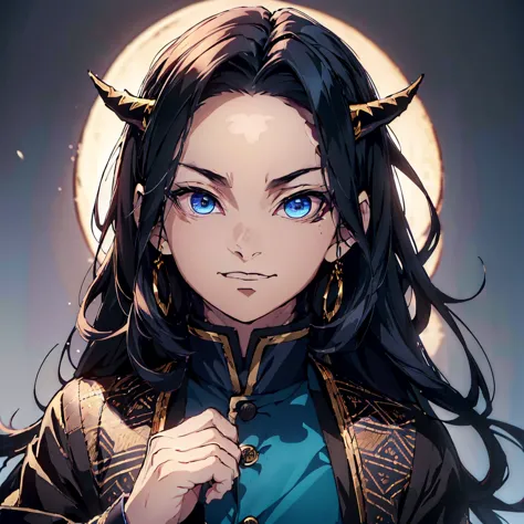 (best quality,ultra detailed,realist:1.37),high resolution(4k,8k),portrait,demon slayer character,black hair with blue,semi long...