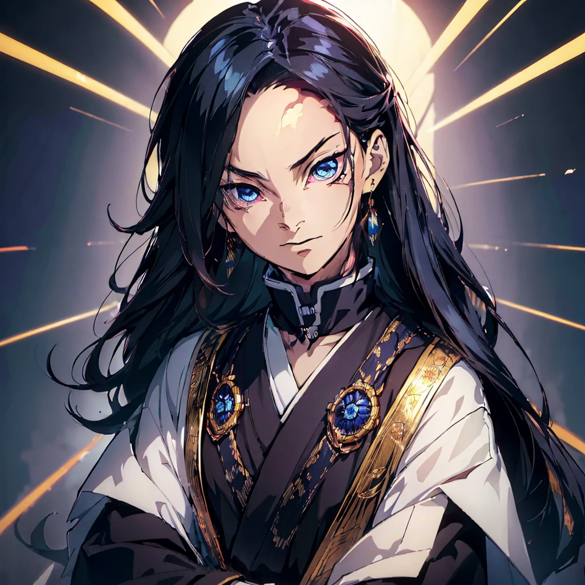 (Best Quality,ultra detailed,realist:1.37),high resolution(4k,8k),portrait,Demon Slayer character,black hair with blue,semi long hair,dark blue eyes with golden irises,,warm smile,YOUNG,sarcastic,24 years ,Kimetsu no Yaiba&#39;s distinctive style, firm installation, vibrant colors, detailed facial features, powerful aura, determined expression, katana in hand, fierce eyes, dusk scene, dramatic lighting, flowing layer, a dark yukata with gold decorations, intricate patterns, dark blue background,male gender,pale blue skin.