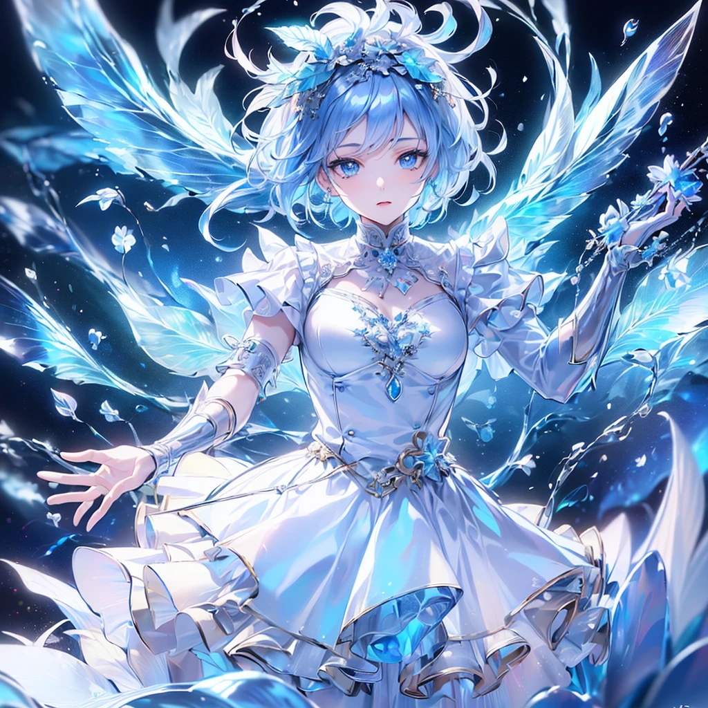 (((Masterpiece、Highest quality、Official Art、Super detailed、Handsome face、Dynamic composition)))、Anime Style、(Milky white and blue hair:1.3),(blue eyes:1.4),(Bright colors:1.4),((Hemp leaf background:1.3)),, Cool girl in gothic lolita outfit posing in palace, mini skirt, Frills, 黒 and blue outfit,