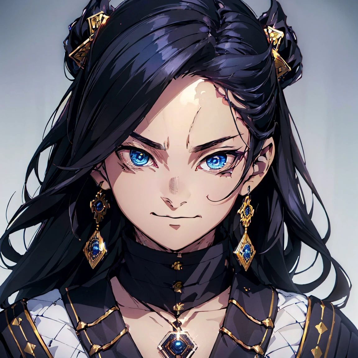 (Best Quality,ultra detailed,realist:1.37),high resolution(4k,8k),portrait,Demon Slayer character,black hair with blue,semi long hair,dark blue eyes with golden irises,,warm smile,YOUNG,sarcastic,24 years ,Kimetsu no Yaiba&#39;s distinctive style, firm installation, vibrant colors, detailed facial features, powerful aura, determined expression, katana in hand, fierce eyes, dusk scene, dramatic lighting, flowing layer, a dark yukata with gold decorations, intricate patterns, dark blue background,male gender,pale skin.