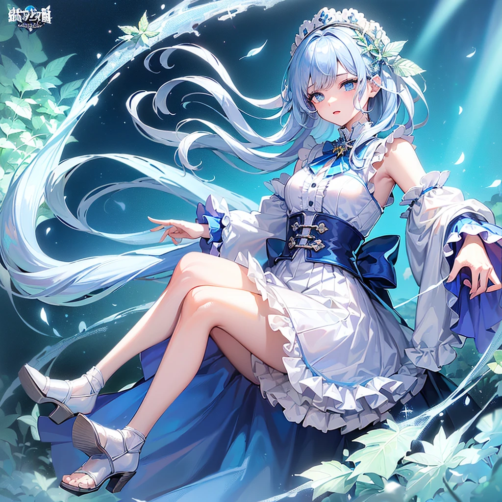 (((Masterpiece、Highest quality、Official Art、Super detailed、Handsome face、Dynamic composition)))、Anime Style、(Milky white and blue hair:1.3),(blue eyes:1.4),(Bright colors:1.4),((Hemp leaf background:1.3)),, Cool girl in gothic lolita outfit posing in palace, mini skirt, Frills, 黒 and blue outfit,