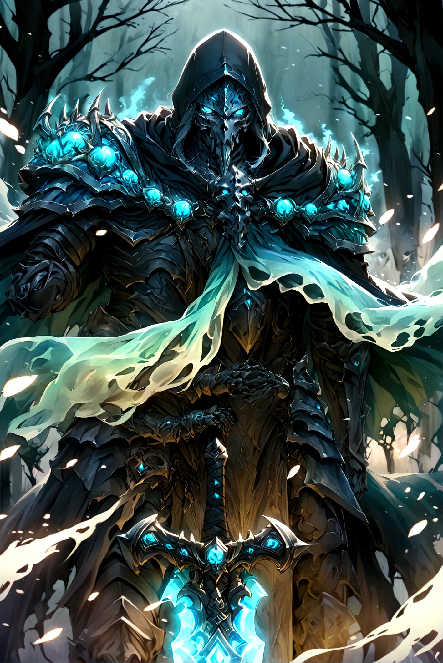 score_9, score_8_up, score_7_up, a skeleton knight walking through aqua smoke, glowing aqua eyes, smoke coming from its mouth, upper body, looking at the viewer, black cloak, black armor, aqua ornaments, glowing ornaments, aqua cape, black hood, glowing sword, aqua sword, holding the sword,dark,