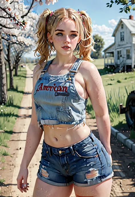 a freckled curvy strong farm tween. she is wearing a jean jack, crop top, and ripped jean shorts, she is beautiful with low mess...