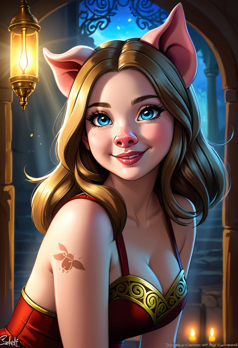 Create an illustrated, hand-drawn, full-color image of an  humanoid, hybrid, anthropomorphic,  sexy pig woman. The artwork should be rendered in the style of "Breath of the Wild," featuring warm lighting and shadows. Include graphite shading, stencil marks, and airbrushed acrylic paint effects. The image should be of the highest quality, a masterpiece with intricate details.

The pig woman should have a female, humanoid, appearance. She should have luscious lips, a wide smile, and bright, expressive eyes, exuding beauty, cuteness, and adorableness. Ensure the image is high resolution and sharply detailed, with a detailed and vibrant background. Scarlett Johanson, Alison Brie, Dove Cameron

Incorporate mystical lighting in the background, creating a romantic and enchanting atmosphere.
