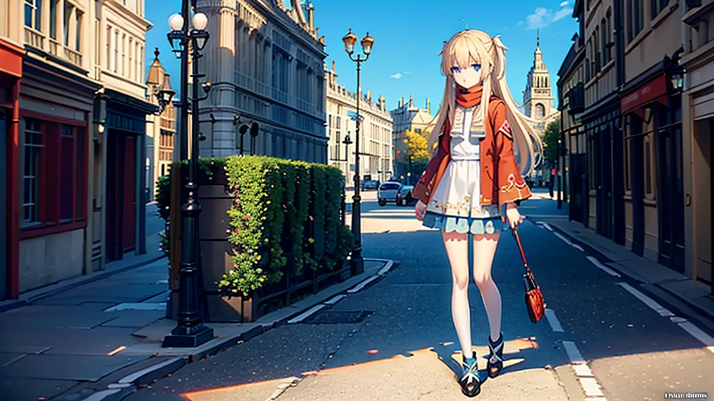((masterpiece)),(best quality),Official Art,Extremely detailed CG,Unity 8K wallpaper,Very detailed,Beautiful and delicate eyes,Extremely detailed face,1 girl,solitary,,(whole body:1.5),(small:1.3),，summer，Wear a long red scarf，Red Jacket，Walking in the street，Sunny and cloudless，London Big Ben