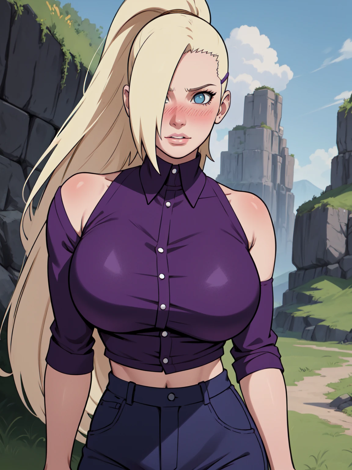 {-erro_de_anatomia:1.0} estilo anime, Masterpiece, absurdities, Yamanaka Ino\(Naruto\), 1girl Solo, woman, Perfect composition, Detailed lips, Beautiful face, body proportion, Blush, Long blonde hair, blue eyes, purple blouse, purple pant, Soft gauze, Super realistic, Detailed, photo shoot, Realistic faces and bodies, masterpiece, best quality, best illustration, hyper detailed, 1 woman, solo, glamorous, blushing, upper body, fighting, on nature, look at the view, dimanic poses, 