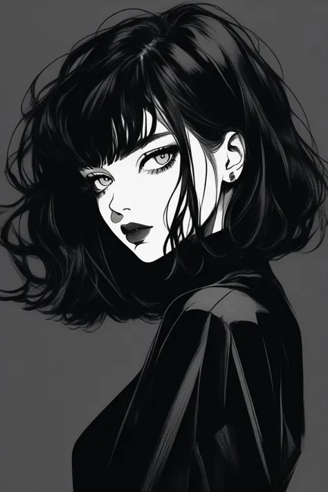 (best quality, sketch:1.2),realistic,illustrator,anime,1 girl, detailed lips, black dress,custom, (background dark monochrome), ...