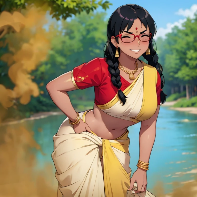 solo, 1female, indian teenage girl, black hair, hair tied in braids, tomboy hair bang, wearing glasses, blushing intensely, skinny body, dark skin, clenching teeth, smiley face, one eye closed, soft lips, red saree, wearing red saree, wearing golden necklace and earrings, wearing golden bracelets, bend over, letting out fart, massive fart, yellow smoke rising, hand on tummy, sexy body, bending forward, leaning, hand on stomach, alone by the river